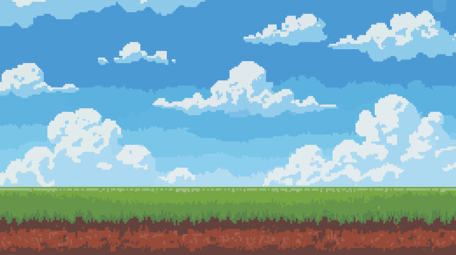 Pixel landscape with blue sky white clouds green grass and brown earth layers