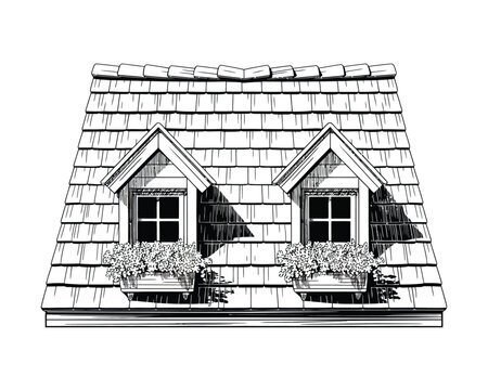 Minimalist line art gabled roof with dormer windows and flower boxes