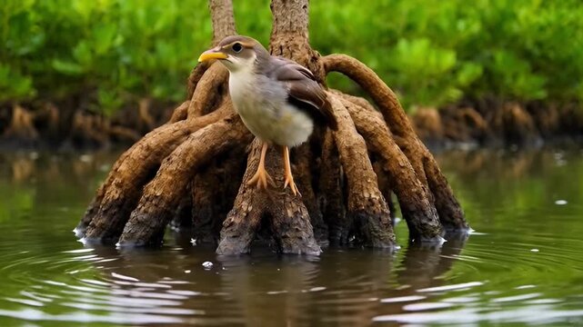 Bird standing on root system with green water in natural environment