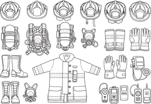 Safety Equipment of Firefighter. Featuring an array of firefighter safety equipment, this image emphasizes readiness. 