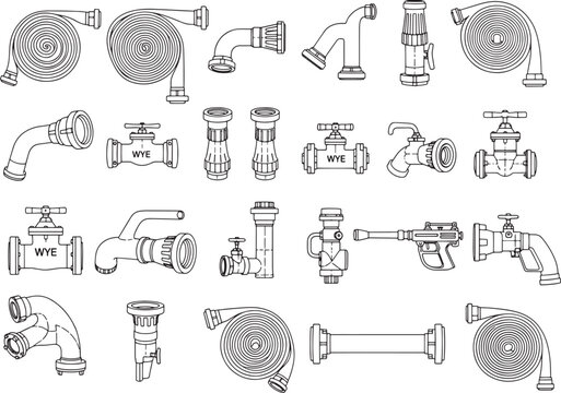 A detailed illustration showcases an array of firefighting equipment, demonstrating the tools used in fire safety. 