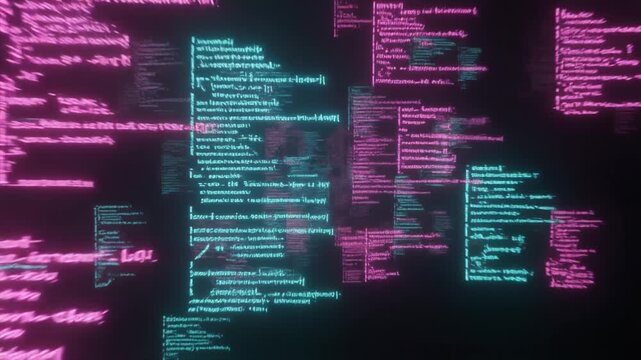 Floating code fragments illuminated dynamic light pulses glowing cyan magenta tones seamless futuristic surreal ambience cascading softly abstract unique style ultra realistic loop