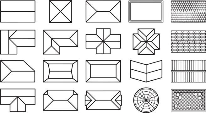 Architectural blueprints present a variety of roof designs and detailed blueprints and illustrating the diverse forms and patterns roofs can take.