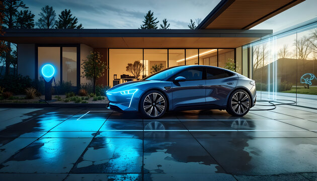 A futuristic car is parked in front of a house