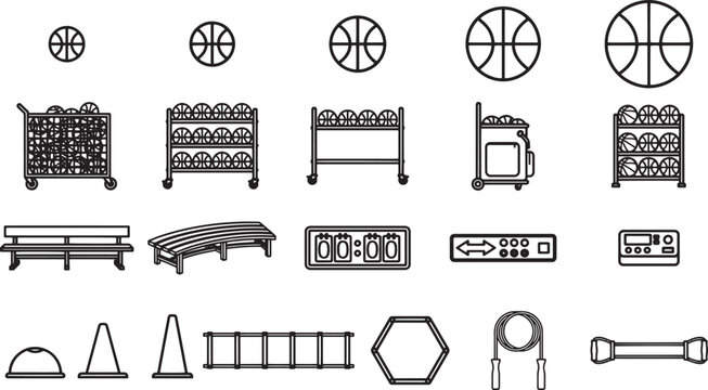 Collection of fitness equipment and basketball, this is a minimalist graphic with a variety of training tools, representing an indoor sport and activity.