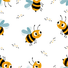 Seamless vector pattern in a simple, childlike style. A cute, friendly bee on a white background. . Vector illustration