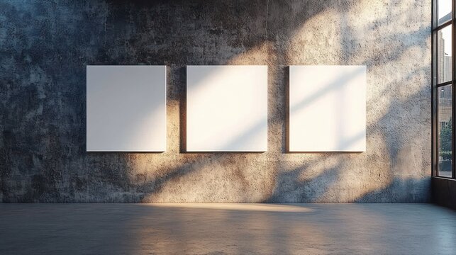Three blank square canvases on a textured concrete gallery wall bathed in warm sunlight and window shadows, creating a serene minimalist exhibition space
