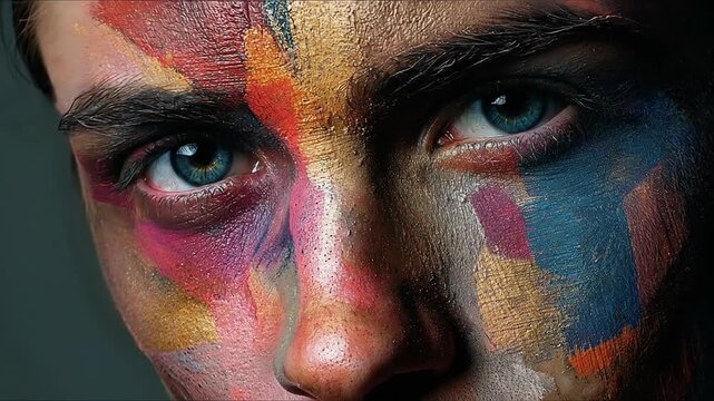 Mosaic of faces morphing men and women concept. Close up of a man's face with colorful artistic paint creative expression and intense gaze