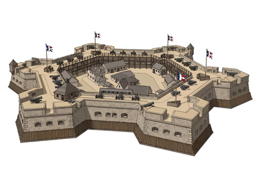 Ancient fort with towers and flags.