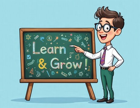 Young Boy Pointing at Blackboard with Learn and Grow Motto in Colorful Drawing Style