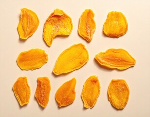 Naklejka premium Delicious vibrant yellow dried mango slices are tastefully arranged on a plain light background, showcasing a healthy and sweet tropical fruit snack
