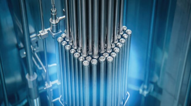 Interior of Working Small Modular Reactor SMR Core with Blue Cherenkov Radiation