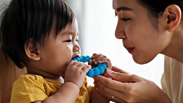Mother lovingly watches her baby chew on a blue teething toy.