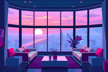 Pixel art retro futuristic lounge interior
