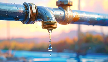 A leaky metal pipe drips water against a scenic backdrop of a lake, trees, and golden-hour sky