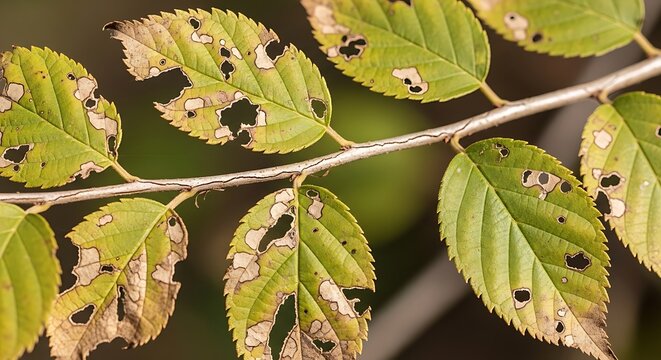 Damaged green leaves with holes on a tree branch