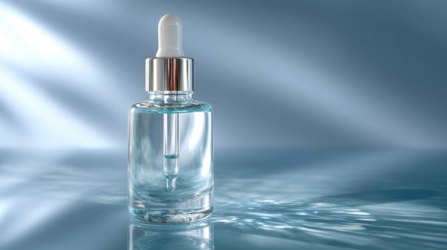 Clear Glass Dropper Bottle with Serum, Reflective Surface and Soft Lighting Background for Skin Care and Beauty Products