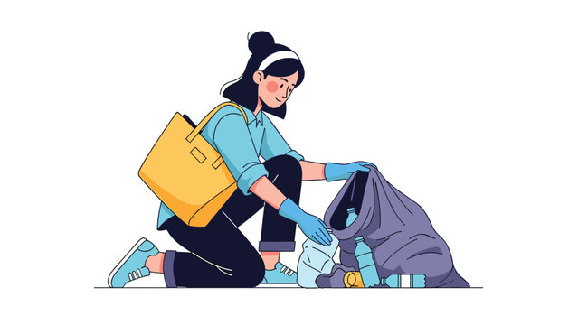 Responsible woman wearing gloves kneeling down to pick up plastic bottles and litter into a trash bag for environment cleaning.
