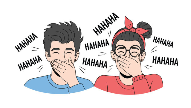 Young man and woman laughing hysterically while covering their mouths with their hands and the word hahaha repeating around them.