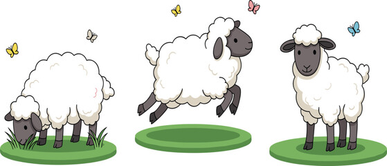 Cute White Sheep Vector Illustration Set with Jumping Standing and Eating Grass Poses with Colorful Butterflies on White Background © Nurjjaman