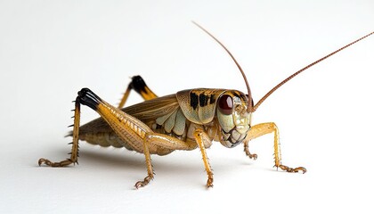 Fototapeta premium close-up of a brown and olive grasshopper with long antennae on a clean white background, alert pose and detailed textured exoskeleton