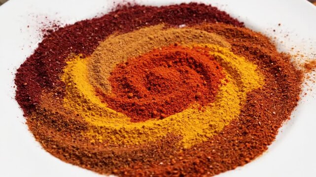 Assorted powdered spices arranged in colorful concentric circles on plate