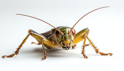 Fototapeta premium Close up green grasshopper with long antennae and spiky legs showing an intense alert stare on a clean white background