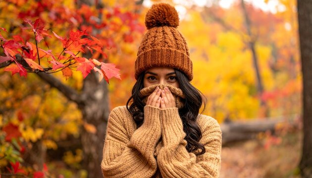 Cozy autumn portrait of a woman in a knitted hat.