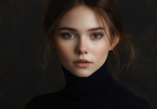moody studio portrait of a woman in a black turtleneck with loose reddish hair and soft warm lighting conveying a calm, introspective mood