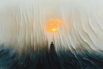 Naklejka premium Lone silhouette between towering flowing walls of mist facing a glowing orange sun at dusk, evoking solitude and awe