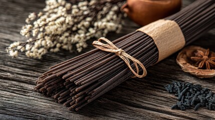Naklejka premium Raw black bean spaghetti is tied with string on a wooden surface. Perfect for illustrating healthy eating and special diet concepts.