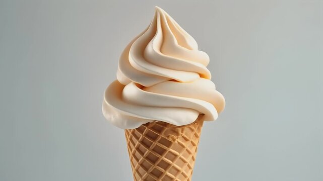 A close-up shot of a creamy soft serve ice cream cone on a plain background