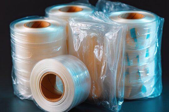 stack of clear stretch film rolls with exposed cardboard cores and a draped sheet reflecting cool blue light, sterile and orderly