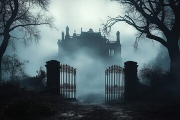 Fototapeta premium fog-shrouded abandoned mansion beyond open wrought iron gates framed by bare twisted trees, evoking an eerie, foreboding and silent atmosphere
