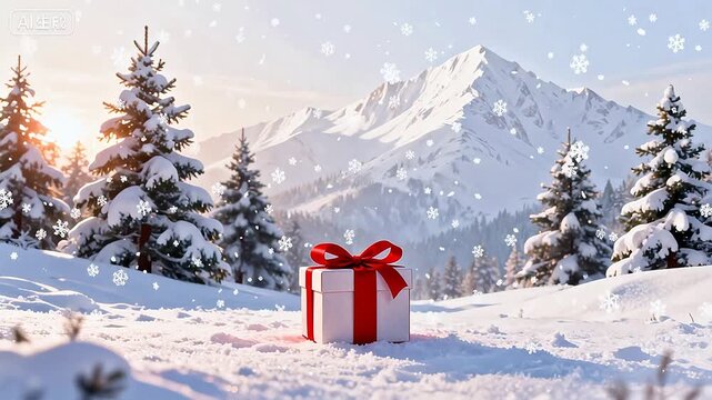 Snowy mountain gift box scene