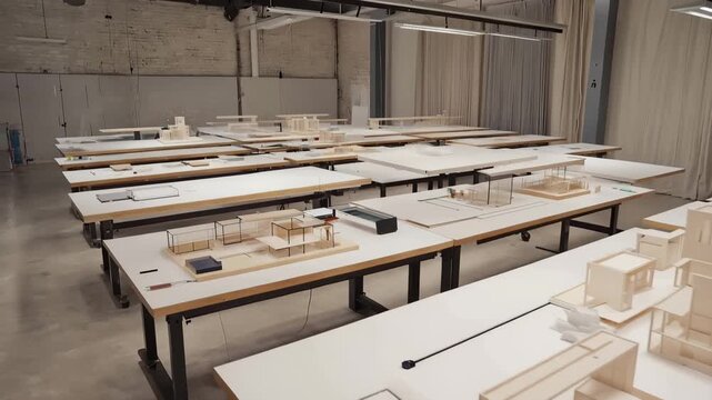 Architectural design studio featuring large drafting tables with neatly arranged building models and design materials, showcasing a creative workspace environment