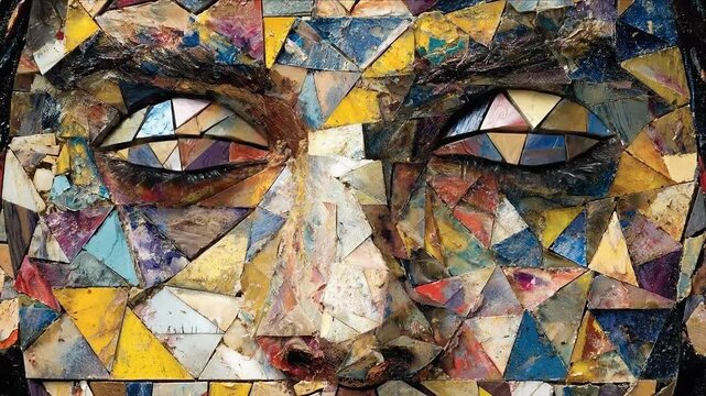 Mosaic of faces morphing men and women concept. Abstract colorful mosaic face art with striking blue eyes and geometric patterns in mixed media