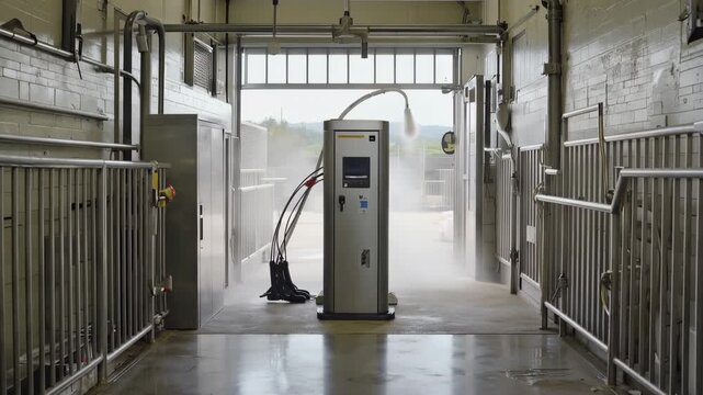 Biosecurity entry corridor for pig facility featuring boot wash station and disinfectant mist arch with visible mist and equipment in a clean environment