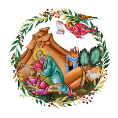 Naklejka premium Binding of Isaac, Sacrifice of Patriarch Abraham. Decorative vintage floral wreath, illustration in Byzantine style isolated