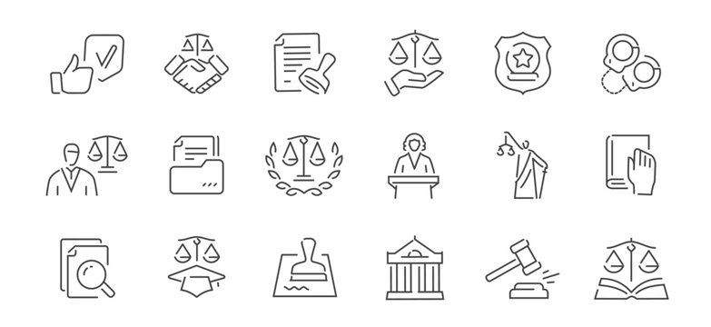 Law and justice line icons set. Court, lawyer, judge, legal documents symbols