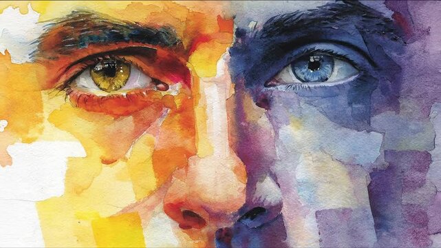Mosaic of faces morphing men and women concept. Abstract watercolor painting of a close-up human face with closed eyes vibrant warm and cool colors