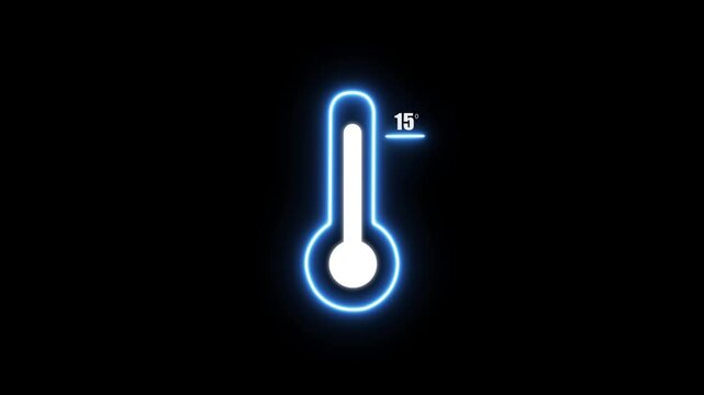 A vivid blue neon thermometer fifteen degrees Celsius illuminated on a black background with a noticeable radiant glow effect
