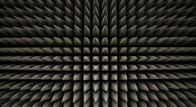 Acoustic foam pyramid panels inside an anechoic chamber for soundproofing and noise reduction testing, professional studio background
