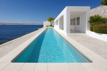 Fototapeta premium Modern White House by a Sparkling Turquoise Pool Overlooking the Sea Under a Clear Blue Sky