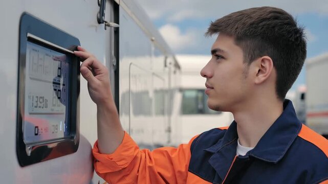 Young male cold chain technician checks temperature reading on refrigerated truck, focusing on the display while standing outdoors in a logistics yard