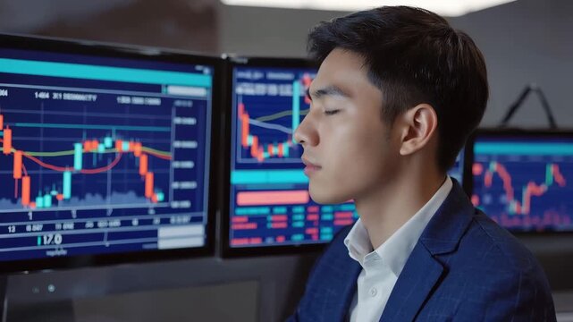 Young male financial analyst in a blue suit analyzing stock performance graphs on multiple screens, focused on data trends and market fluctuations in a modern office environment
