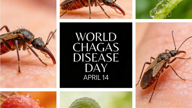 Close ups and text of the cone hunting bug represent the intuitive understanding of the media and the warning propaganda scene of World Chagas Disease Day.
