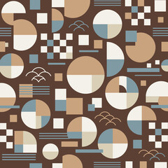 くすみカラーの和モダン幾何学シームレスパターン背景（チョコレートブラウン）：チョコレートブラウンを基調に、くすみブルーやベージュを組み合わせた和モダン幾何学のシームレスパターン。円・格子・半円をリズミカルに配置した北欧テイストの抽象背景。食品パッケージ、焼き菓子包装、ポスター、ノート表紙、デザインペーパーに最適。
