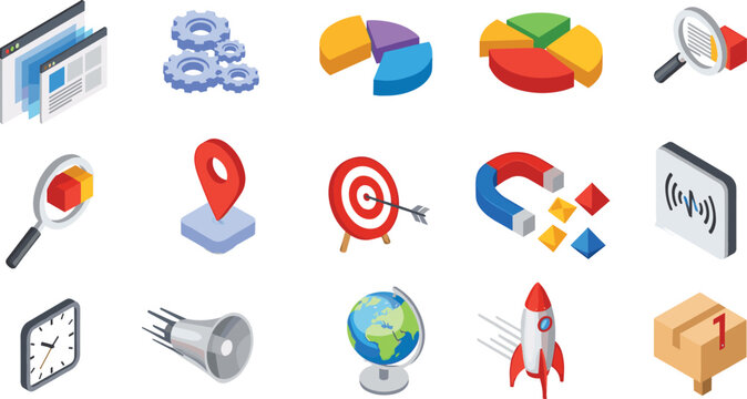 Isometric Business and Digital Marketing Icons Set with Analytics Charts Target Magnet Rocket Globe Location and Data Strategy Elements for Web Design.