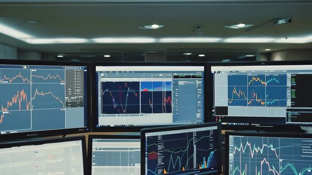 Corporate facilities management control room with multiple digital dashboards displaying real-time building performance metrics and analytics in a modern office environment